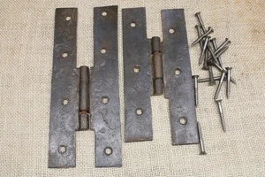 2 Old H Door Hinges 1700's Jelly Cabinet Blacksmith Forged Colonial Wrought Iron - Picture 1 of 23
