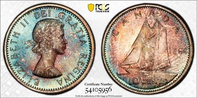 MS66 1964 10C Canada Sailboat Silver Ten Cents, PCGS Trueview- Pretty Blue Toned - Image 1 of 4