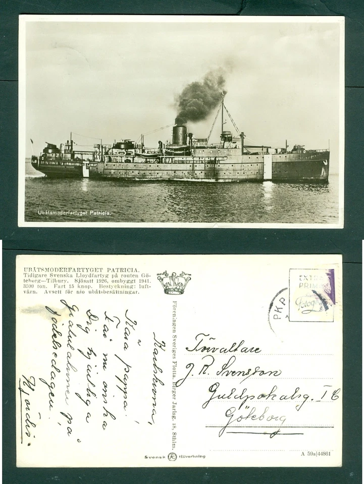 Suecia. Postal de 1930. Usado. Azul marino. " Patricia". Buque de suministros submarinos. Foto 1 de 1