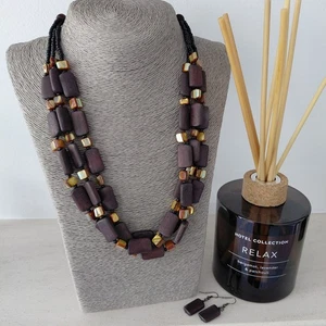 Shell Necklace & Earrings Set Brown Wood Orange Shell Boho Bohemian Jewellery - Picture 1 of 6