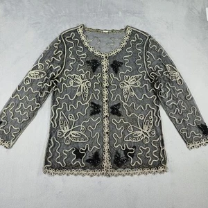 VTG Womens Butterfly 3D Embroidered Sheer Mesh Cardigan Shirt Black Gold No Tag - Picture 1 of 17