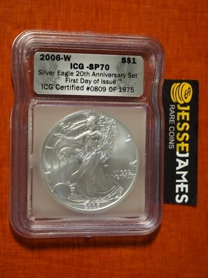W Blued Silver Eagle 2006 ICG SP70 primer día emisión a partir del conjunto del 20 aniversario Foto 1 de 2