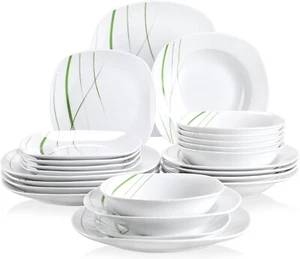 24pc Dinner Set Combination Crockery Porcelain Green Stripes Plates Bowls for 6 - Picture 1 of 3