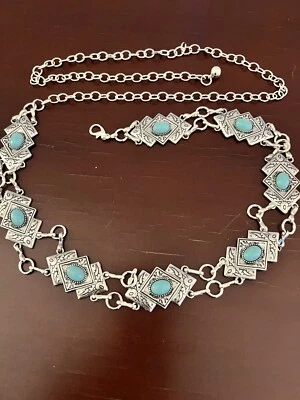 51” Long Western Boho Floral Silver ￼ Turquoise Bead Concho Chain Belt New Foto 1 de 3