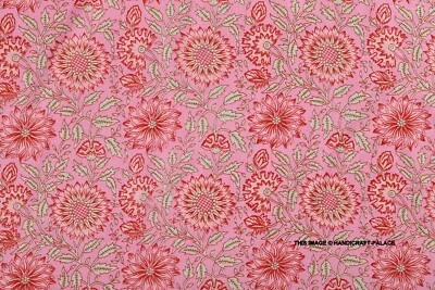 3 Yard Pink Fabric Indian Handmade Floral Print Women Dress Making Cotton Fabric - Image 1 of 4