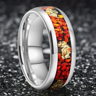 Anillo banda de carburo de tungsteno con inserción de piedra de ópalo naranja y lámina de oro de 8 mm para hombres y mujeres Foto 1 de 4