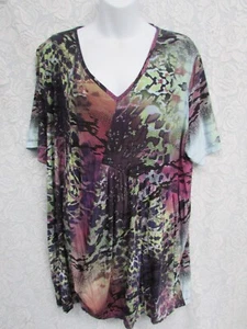 Taking Shape size M Black, Purple print Crushed Short sleeves Tunic Top New - Picture 1 of 6