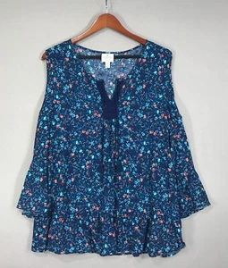 St John's Bay Blouse Womens XL Blue Floral Bohemian Boho Tunic Top Cold Shoulder - Picture 1 of 12