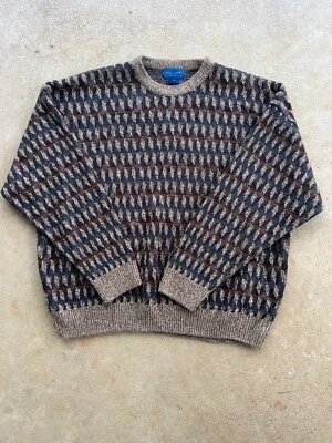 Vintage Towncraft Mens XL Sweater Geometric Pattern Brown & Navy Colors O3 - Image 1 of 4