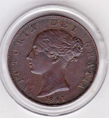 Moeda de cobre Sharp 1841 meio centavo (1/2d), rainha Vitória - Imagem 1 de 2