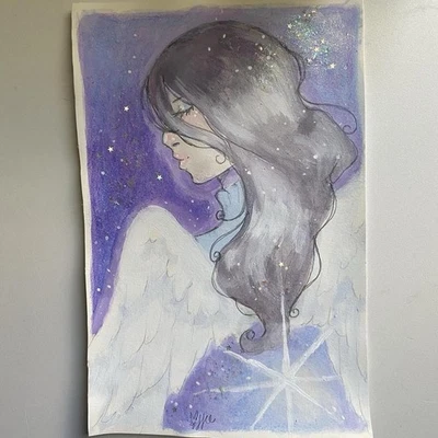 Celestial Star Angel Girl Fantasy Painting On 6x9 Watercolor Paper - Image 1 of 4