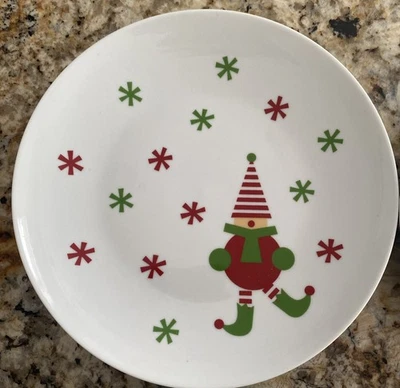 Crate & Barrel Jingle Elf Appetizer Plates, 7”, Snowflakes, Red + Green, 10 READ - Image 1 of 4