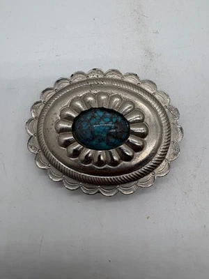 Deslizante ovalado festoneado tono plata piedra turquesa imitación clip concho vintage Foto 1 de 4