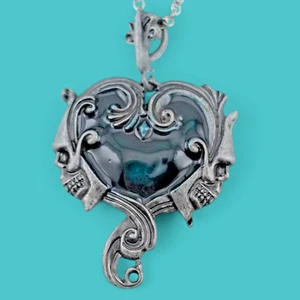 PEWTER SKULLS & HEART PENDANT NECKLACE gothic skeleton dark romance teal B4 - Picture 1 of 5