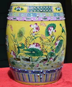 Chinese Straits Porcelain Garden Stool Peranakan Nyonya Antique Yellow Ground - Picture 1 of 12