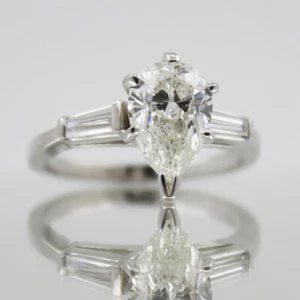 1.50 CT Pear & Baguette Cut Diamond GIA Certified Engagement Ring 18k White Gold - Picture 1 of 6