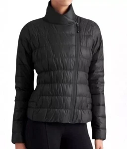 Athleta Jacket Downalicious Goose Down Puffer Black Quilted Asymmetric Womens XS - Picture 1 of 11