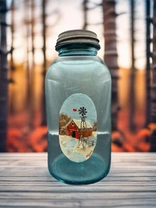 Folk Art Barn Windmill - Hand-Painted Rare Antique 1910-1923 Ball Jar , Country - Picture 1 of 24