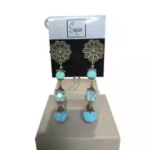 Sequin Women's Brass Plated Blue Flower Dangle Statement Earrings NWT - Picture 1 of 3
