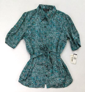 I.N. Studio Women's Top Size PXL Teal Black Print Satin Short Sleeve Belted NEW - Picture 1 of 14
