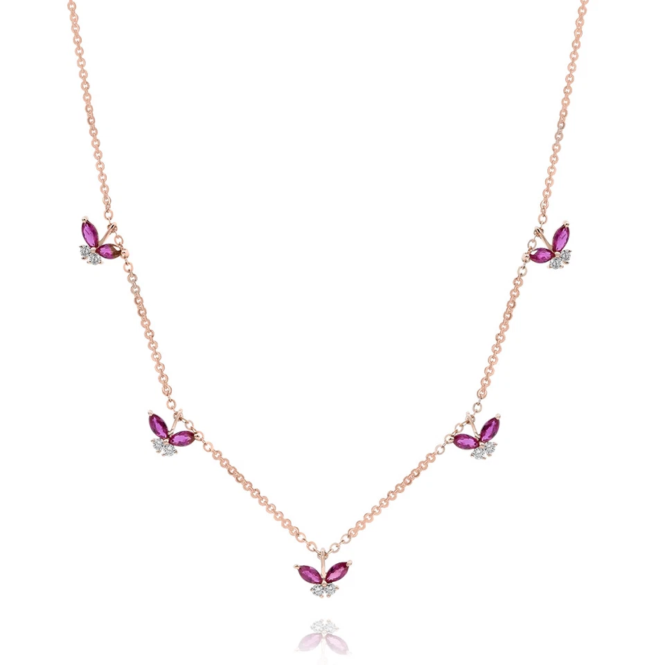 14K ROSE GOLD DIAMOND RED RUBY BUTTERFLY BY THE YARD PENDANT NECKLACE - Image 1 of 1