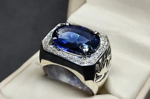 Oval Cut 16 Ct Dark Deep Blue Topaz Sterling Silver 925 Handmade Topaz Mens Ring - Picture 1 of 13