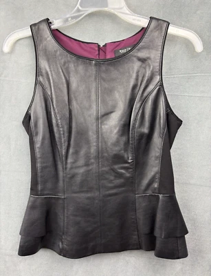 White House Black Market Leather Peplum Top Size 2 Black Sleeveless - Image 1 of 4