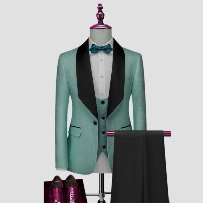 Chal ancho solapa hombres trajes 3 piezas calce ajustado esmoquin chaqueta chaleco pantalón pecho único Foto 1 de 4