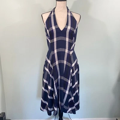 Eva Franco by Anthropologie Navy Plaid Linen Blend Halter Anya Dress Size 8 - Image 1 of 4