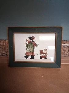 Kleines signiertes Aquarell Kind zieht viktorianischer Bär Spielzeug von 1993, gerahmt - Bild 1 von 7