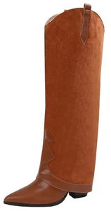 Berness Women Foldover Knee High Boots Western Hidden High Heel BRANDY Tan Brown - Picture 1 of 6
