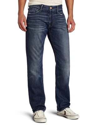 Pantalones de mezclilla Earnest cosidos de sarga pierna recta ajustados botones mosca lavado oscuro para hombre 34 Foto 1 de 4