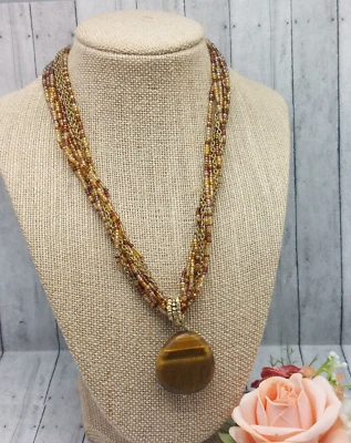 Statement Signed Lia Sophia Seed Bead Chain With Stone Pendant 21" Adjustable - Image 1 of 4