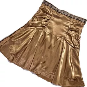 Vtg Y2K gold satin tiered short ruched ruffle fairy coquette skater flare skirt - Picture 1 of 6