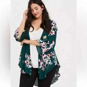 Torrid Green Floral Drape Front Kimono – Plus Size 3X/4X Lightweight Layer Piece - Picture 1 of 13