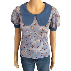 Vintage 60s Hippie Shirt Peter Pan Collar Floral Mod Fashion - Womens Small - Picture 1 of 4