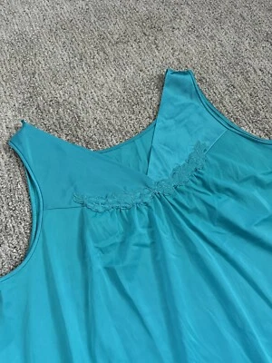 Vanity Fair Vintage Tank Top Nightgown Teal Green Mid Length Lace Satin USA Med - Image 1 of 4