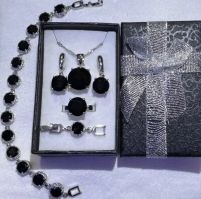 Beautiful Natural Black Sapphir£ Necklace, Dangle Earrings, Bracelet, Ring 8 Set - Image 1 of 4