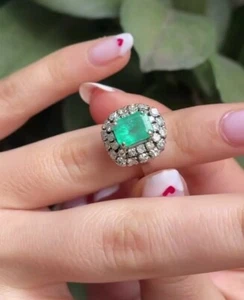2.10 Ct Octagon Natural Emerald Vintage Diamond Women Ring 14K solid white gold - Picture 1 of 6