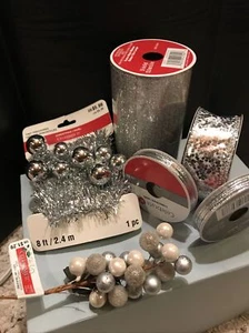 Celebrate It SILVER Christmas Ribbon & Accents NEW Lot Of 6 Items. SALE Sparkly  - Picture 1 of 9