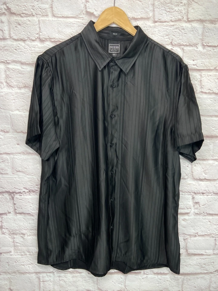 GUESS Mens Black STRIPE SLIM FIT Button-Down Dress Shirt SIZE L - Image 1 of 4