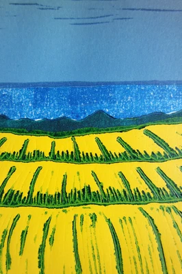 Farb-Linolschnitt „Rapsfeld am Meer“, Originaldruck, signiert T. Ehmke, 2025 - Bild 1 von 4