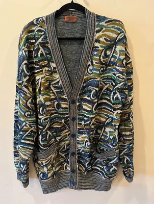 Rare Vintage Missoni Cardigan Sweater Mens 54/ XXL Music Notes Blue Green Itay - Image 1 of 4