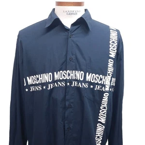 Vintage Moschino Jeans Men’s XL Spell out Print Long Sleeve Shirt Blue button up - Picture 1 of 11