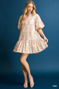 Minivestido para mujer Umgee estampado floral escote corbata en rosa - Imagen 1 de 5