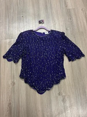 Vintage Womens Top Sz L Royal Blue 100% Silk Beaded Sparkly Bling Party Cocktail - Image 1 of 3