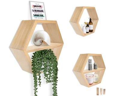 Rustic Hexagonal Floating Shelves Set of 3 - Farmhouse Wall Decor with Anchors - Image 1 of 4