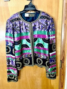 Creative Creations Women’s M Beaded Sequin Silk Evening Jacket Read Short - Picture 1 of 14