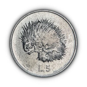 SAN MARINO. 1974, 5 Lire - Animals, Hedgehog, Towers, Feathers 1 - Picture 1 of 3