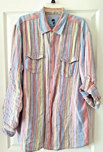 Ocean & Coast Linen Shirt Mens XL Multicolor Stripe Roll Tab Sleeve Casual Wear - Picture 1 of 4